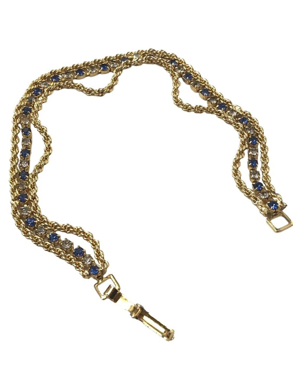 Gold Tone Blue Clear Rhinestone Three Strand Tennis Bracelet, M81